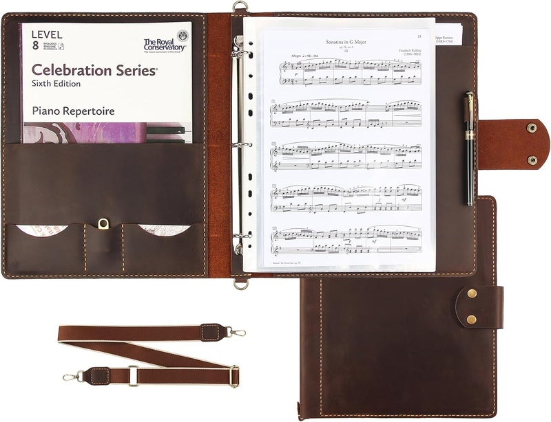 Robrasim Handmade Leather Sheet Music Folder, 3-Ring Choir Binder with Clear Sheet Protectors, Premium Leather Portfolio for Music Organizer & Office Use - Coffee - Image 1